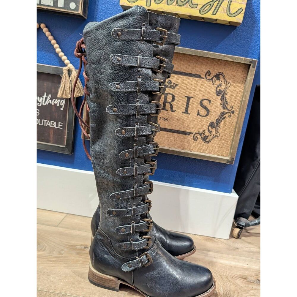 Freebird by Steven Rylan Boots Navy Buckles Boho Steampunk Western Womens 9 RARE - Picture 2 of 9